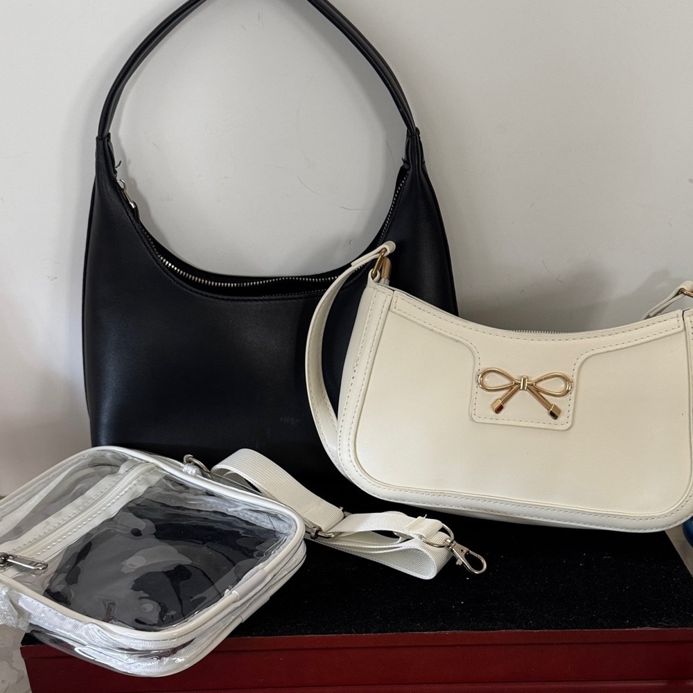 Elegant Black and Cream Women's Handbag plus clear bag -bundle collection set